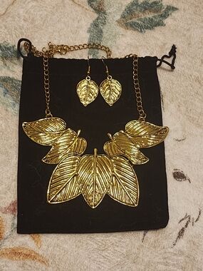 Gold Leaf Statement Necklace and Earrings Set